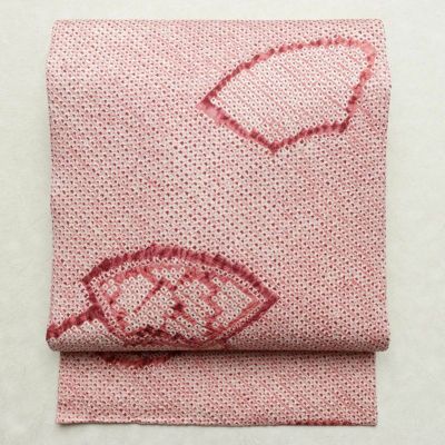 名古屋帯 全通柄 絞り 正絹 古典柄 名古屋仕立て 帯 扇面 ピンク