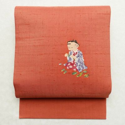 名古屋帯 太鼓柄 美品 正絹 人物・動物柄 名古屋仕立て 帯 浅緋色 落款入り ピンク