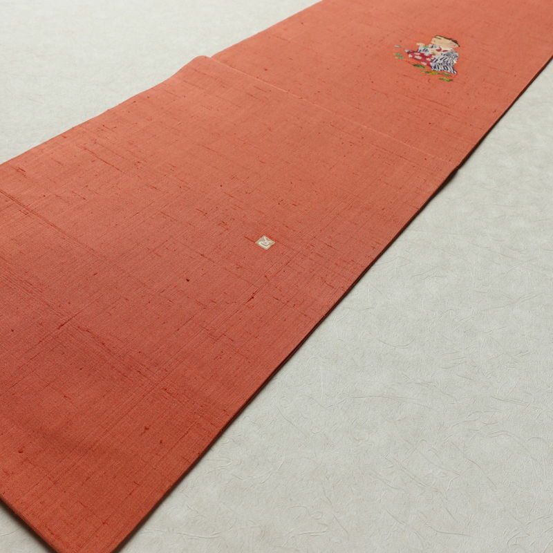 名古屋帯 太鼓柄 美品 正絹 人物・動物柄 名古屋仕立て 帯 浅緋色 落款入り ピンク_画像8