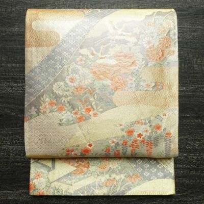 袋帯 本金二重箔 重ね扇花鳥文 六通柄 フォーマル用 正絹 古典柄 金