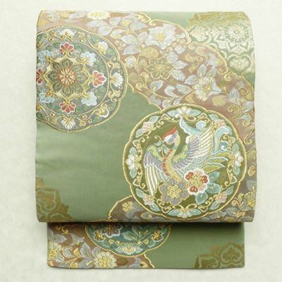 袋帯 六通柄 フォーマル用 正絹 幾何学柄・抽象柄 箔 金糸 帯 緑・うぐいす色