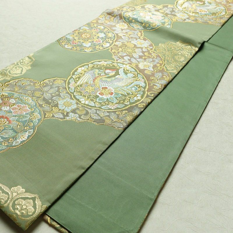袋帯 六通柄 フォーマル用 正絹 幾何学柄・抽象柄 箔 金糸 帯 緑・うぐいす色_画像7