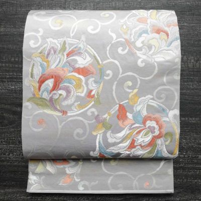 袋帯 六通柄 フォーマル用 正絹 木の葉・植物柄 箔 銀糸 帯 紫・藤色