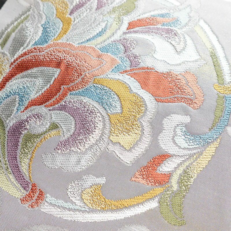 袋帯 六通柄 フォーマル用 正絹 木の葉・植物柄 箔 銀糸 帯 紫・藤色_画像5