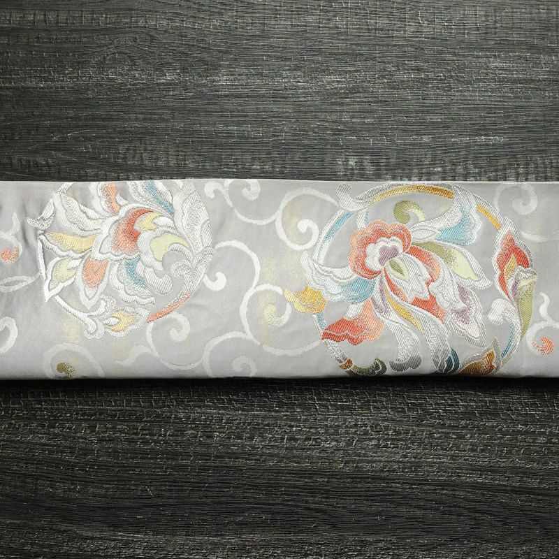 袋帯 六通柄 フォーマル用 正絹 木の葉・植物柄 箔 銀糸 帯 紫・藤色_画像15