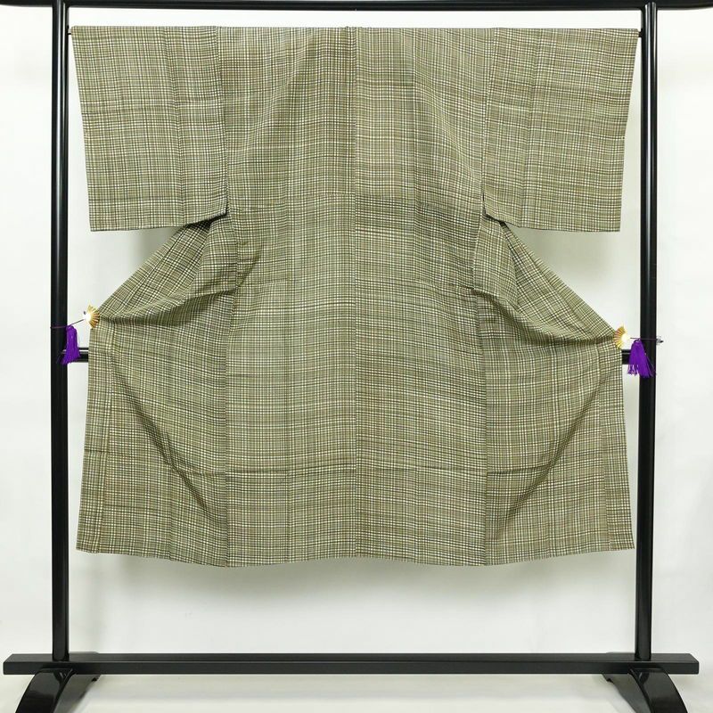 男性用 襦袢 正絹 チェック・格子柄 袖無双・胴抜き 身丈134cm 裄丈67.5cm 緑・うぐいす色_画像1