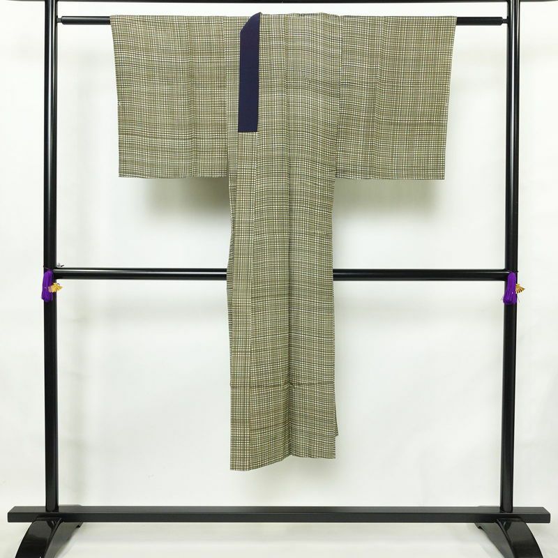 男性用 襦袢 正絹 チェック・格子柄 袖無双・胴抜き 身丈134cm 裄丈67.5cm 緑・うぐいす色_画像2