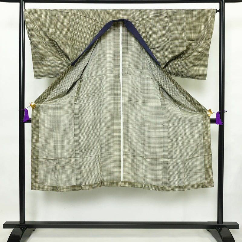 男性用 襦袢 正絹 チェック・格子柄 袖無双・胴抜き 身丈134cm 裄丈67.5cm 緑・うぐいす色_画像3