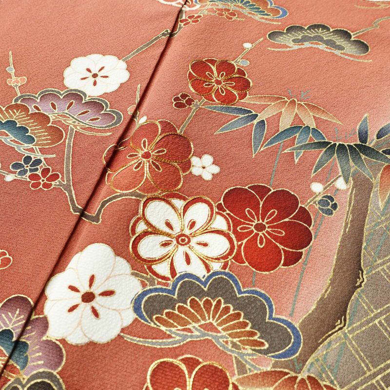 訪問着 金駒刺繍 縮緬 正絹 古典柄 袷仕立て 身丈163cm 裄丈65.5cm 箔 金彩 フォーマル 着物 鳶色 茶_画像6