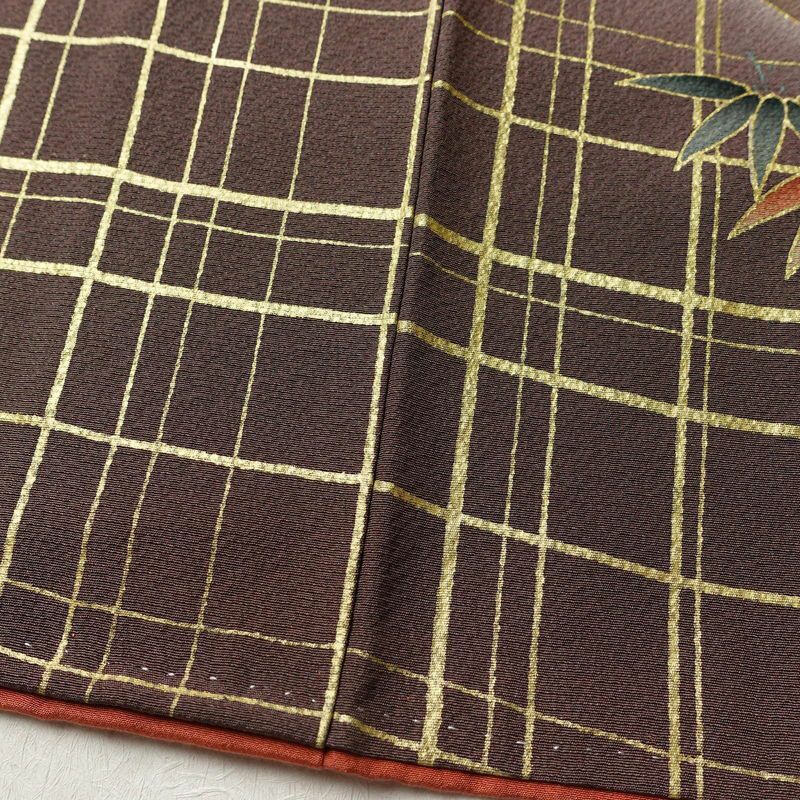 訪問着 金駒刺繍 縮緬 正絹 古典柄 袷仕立て 身丈163cm 裄丈65.5cm 箔 金彩 フォーマル 着物 鳶色 茶_画像11