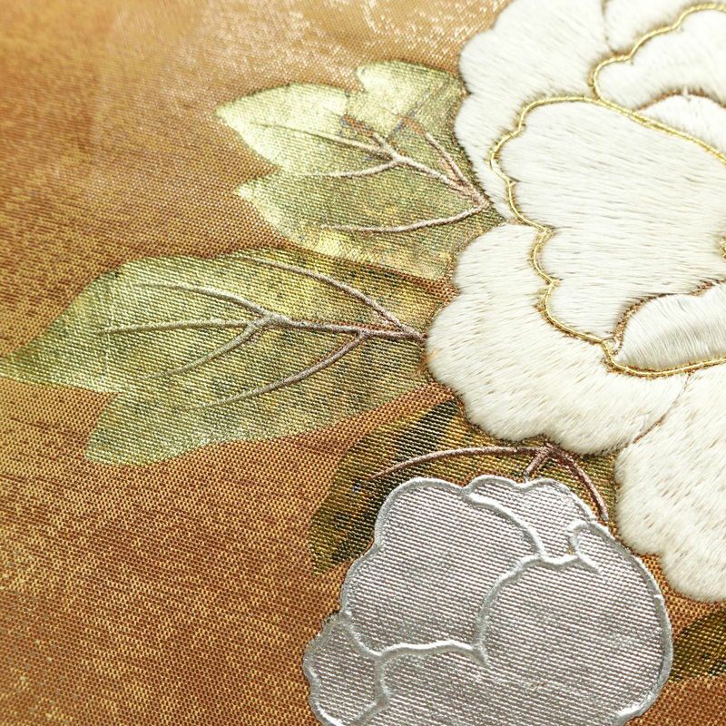 名古屋帯 太鼓柄 金駒刺繍 正絹 花柄 名古屋仕立て 箔 刺繍 帯 黄・黄土色_画像7