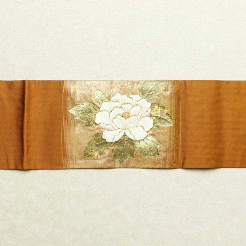 名古屋帯 太鼓柄 金駒刺繍 正絹 花柄 名古屋仕立て 箔 刺繍 帯 黄・黄土色_画像15