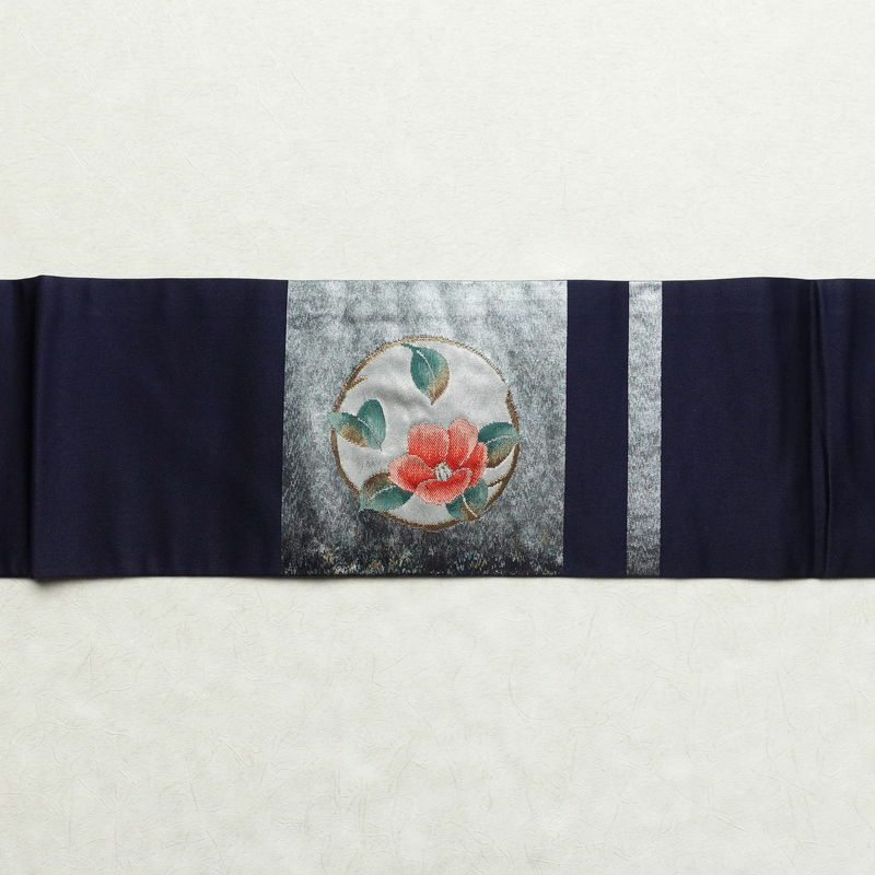 名古屋帯 太鼓柄 良品 正絹 花柄 名古屋仕立て 箔 帯 椿 菊 葡萄 青・紺_画像13