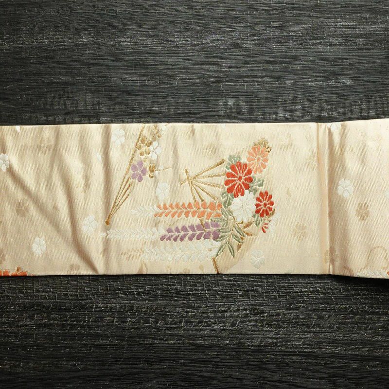 名古屋帯 六通柄 正絹 古典柄 名古屋仕立て 箔 金糸 帯 扇子 ベージュ_画像13