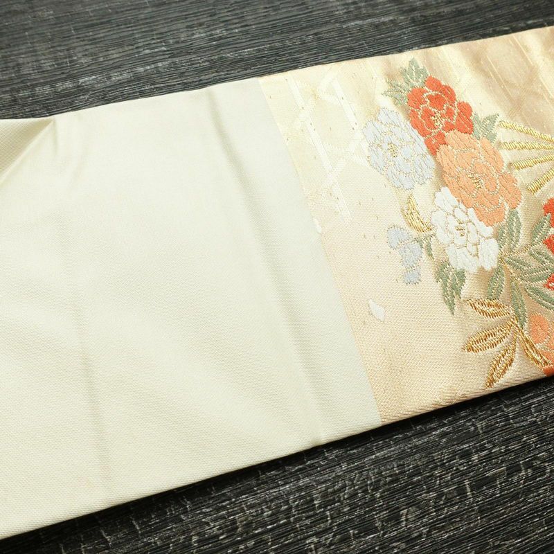 名古屋帯 六通柄 正絹 古典柄 名古屋仕立て 箔 金糸 帯 扇子 ベージュ_画像15