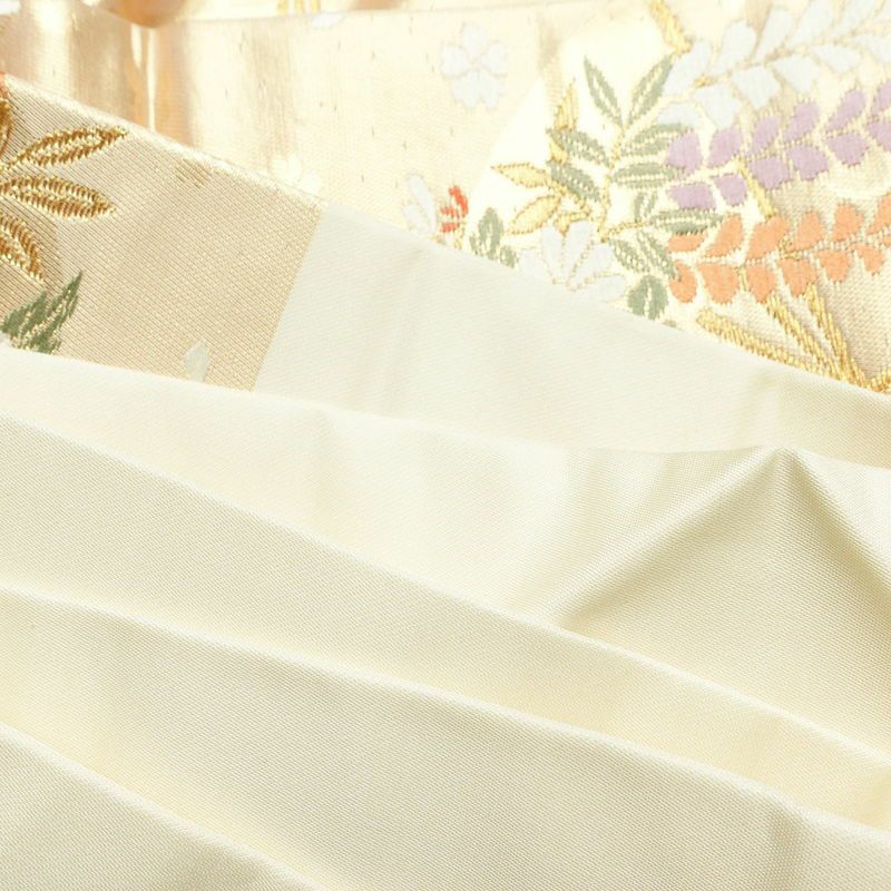 名古屋帯 六通柄 正絹 古典柄 名古屋仕立て 箔 金糸 帯 扇子 ベージュ_画像19