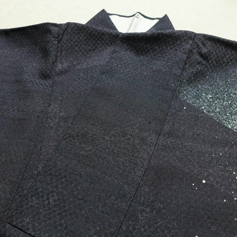 訪問着 良品 落款入り 紬地 正絹 幾何学柄・抽象柄 袷仕立て 身丈165.5cm 裄丈68cm 共八掛 洒落 着物 青・紺_画像14