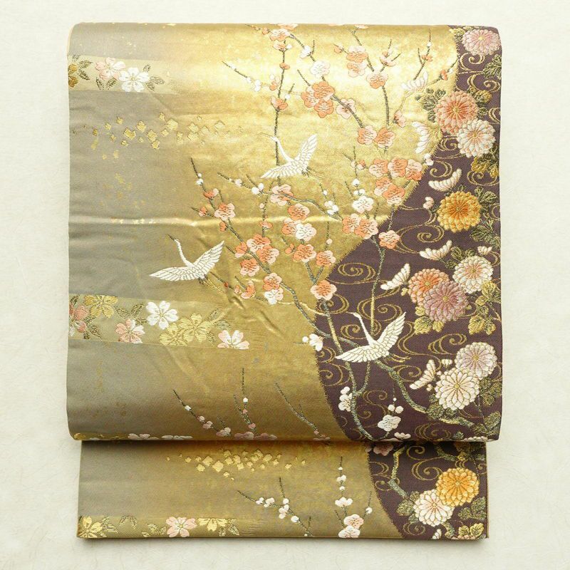 袋帯 六通柄 フォーマル用 正絹 古典柄 箔 鶴 梅 菊 金糸 帯 金・銀  