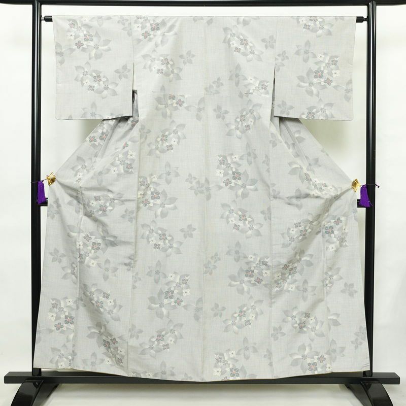 紬 正絹 花柄 袷仕立て 身丈157.5cm 裄丈64cm 着物 グレー