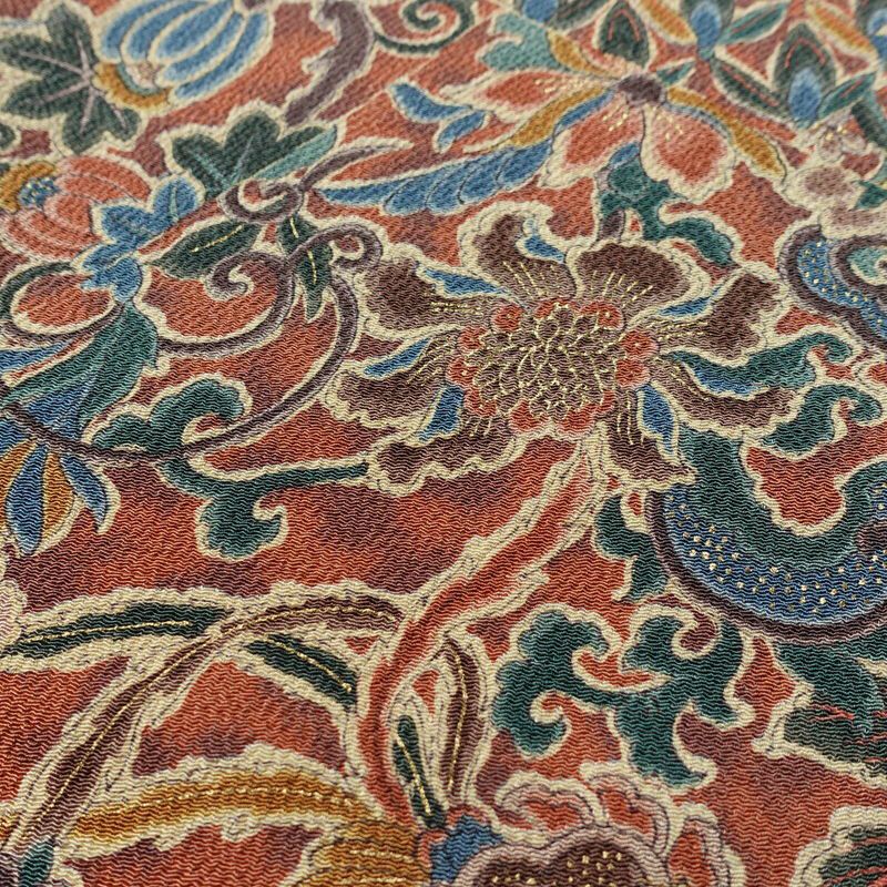 小紋 良品 縮緬 総柄 正絹 木の葉・植物柄 袷仕立て 身丈160cm 裄丈67cm 一部しつけ糸付き 着物 茶_画像6