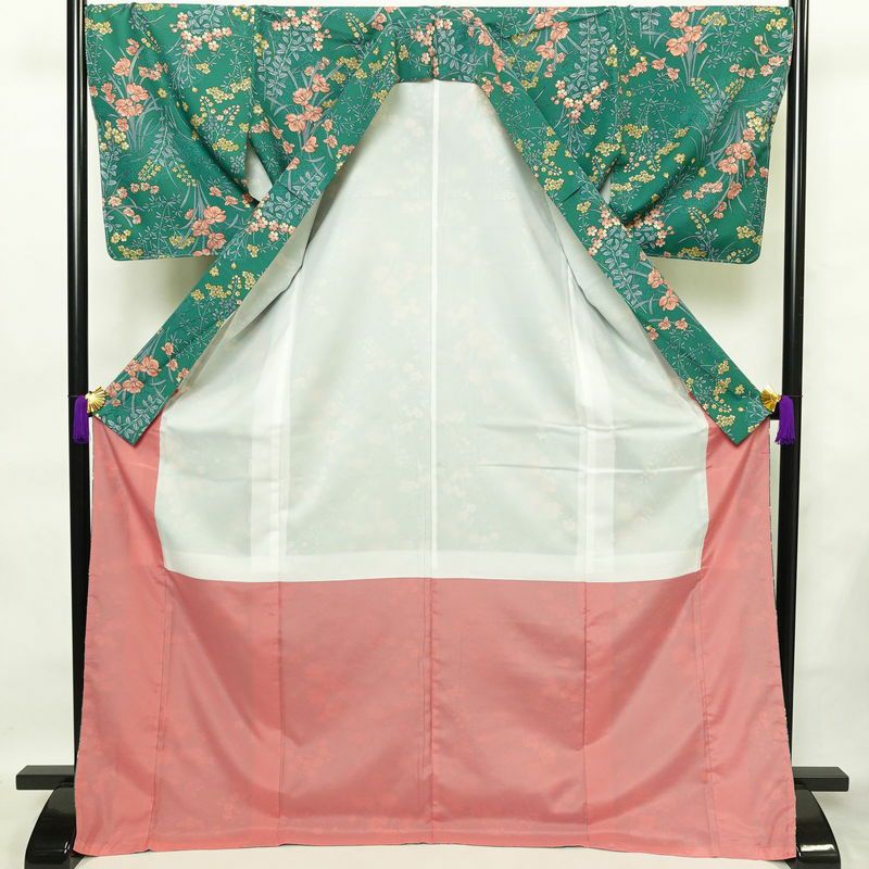 小紋 美品 しつけ糸付き ポリエステル 花柄 袷仕立て 身丈173.5cm 裄丈70.5cm 着物 緑・うぐいす色_画像3