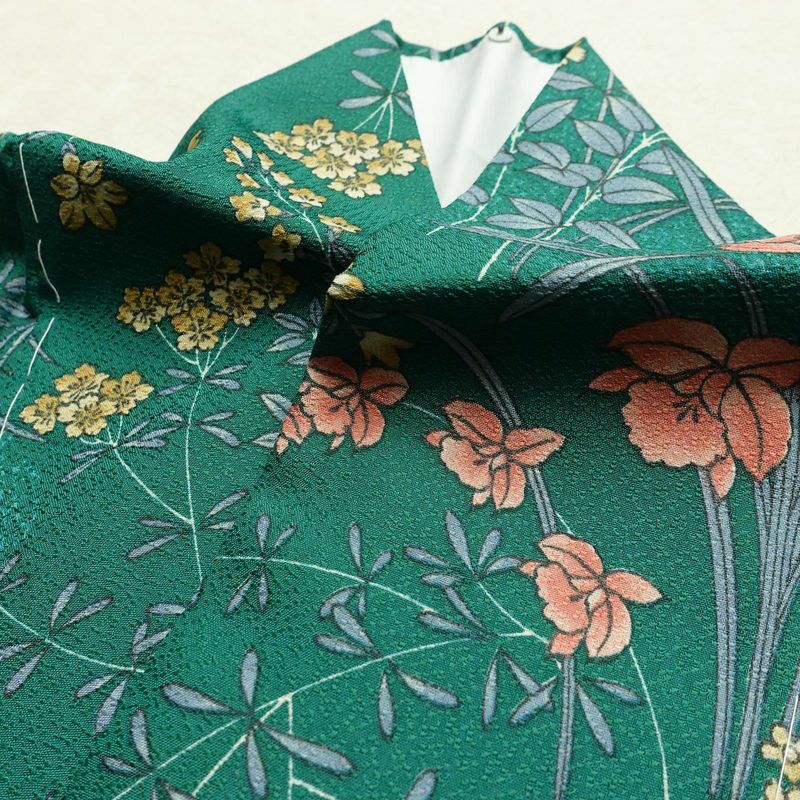 小紋 美品 しつけ糸付き ポリエステル 花柄 袷仕立て 身丈173.5cm 裄丈70.5cm 着物 緑・うぐいす色_画像16