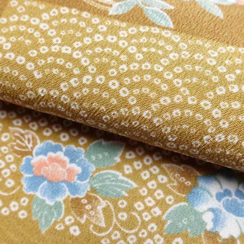 単衣 小紋 良品 縮緬 ポリエステル 古典柄 単衣仕立て 身丈159cm 裄丈64.5cm 黄・黄土色_画像19