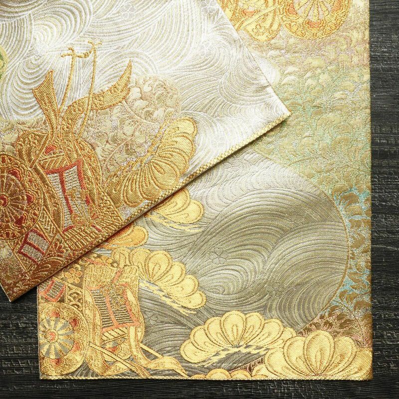 袋帯 六通柄 フォーマル用 正絹 古典柄 箔 金糸 御所車 帯 金・銀_画像13