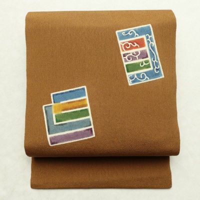 伊勢型染」 ちりめん生地 太鼓柄 正絹 九寸 名古屋帯