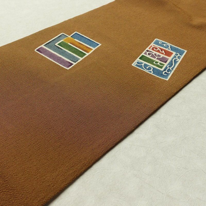 名古屋帯 太鼓柄 良品 縮緬 正絹 古典柄 名古屋仕立て 帯 茶_画像11