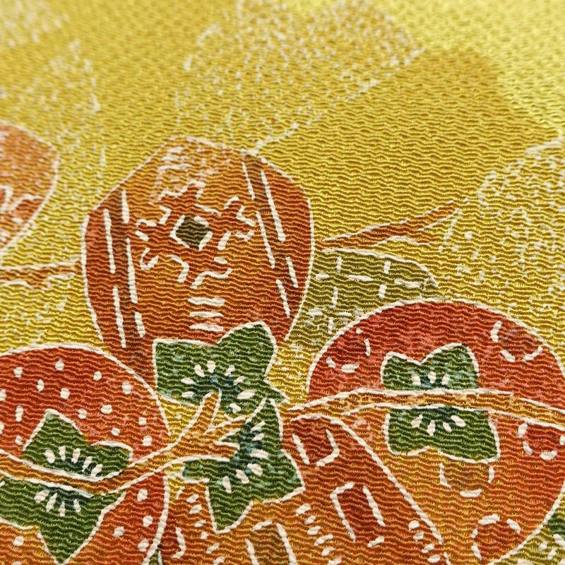 名古屋帯 太鼓柄 美品 縮緬 正絹 木の葉・植物柄 名古屋仕立て 帯 黄・黄土色_画像5