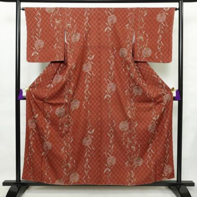 小紋 良品 しつけ糸付き ポリエステル 古典柄 袷仕立て 身丈158cm 裄丈65cm 着物 茶