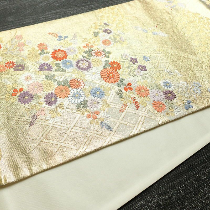 袋帯 六通柄 フォーマル用 正絹 古典柄 箔 金糸 帯 菊 鶴 金・銀_画像11