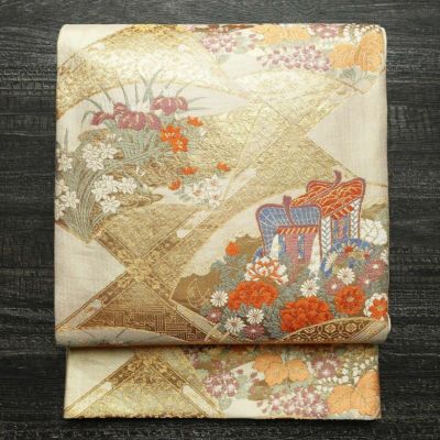 袋帯 菊柄 正絹 六通柄 美品 正絹 六通 袋帯 花散らし大菊文 唐織 六通袋帯 正絹 袋帯 美品