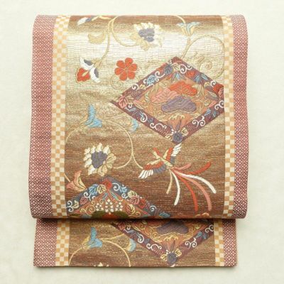 袋帯 本金二重箔 扇面花鳥 文六通柄 良品 フォーマル用 正絹 古典柄 箔