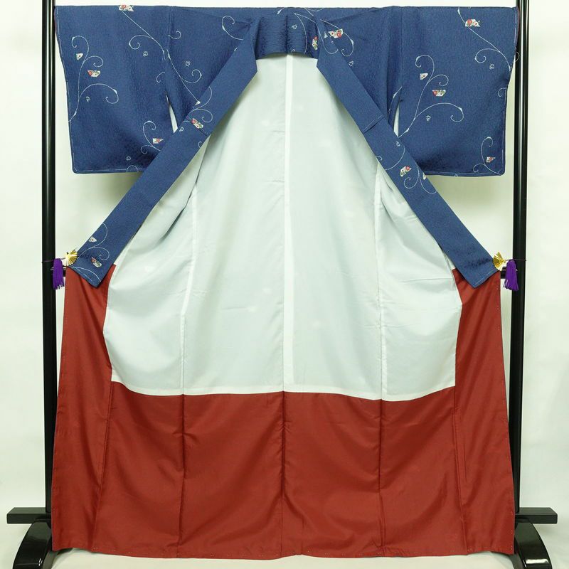 小紋 良品 しつけ糸付き ふくれ織 ポリエステル 花柄 袷仕立て 身丈169.5cm 裄丈69.5cm 着物 青・紺_画像3