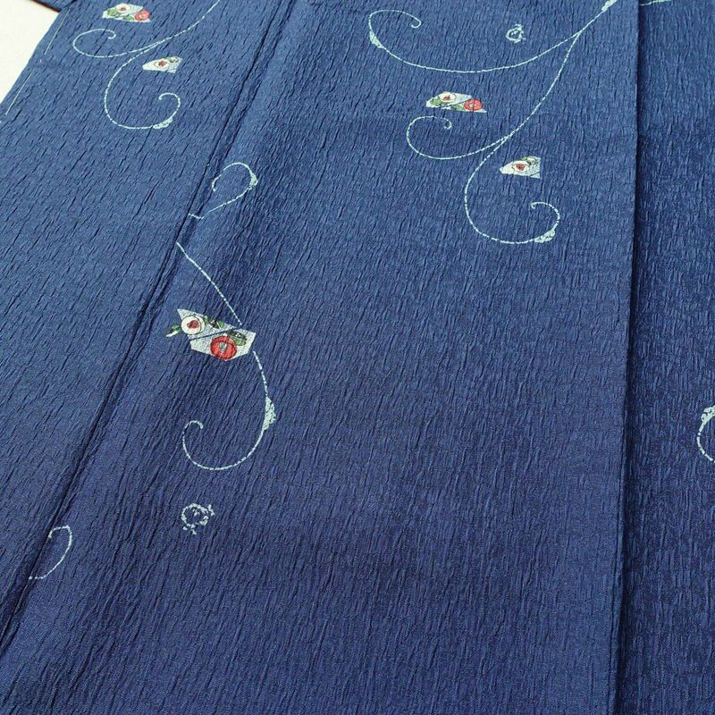 小紋 良品 しつけ糸付き ふくれ織 ポリエステル 花柄 袷仕立て 身丈169.5cm 裄丈69.5cm 着物 青・紺_画像5