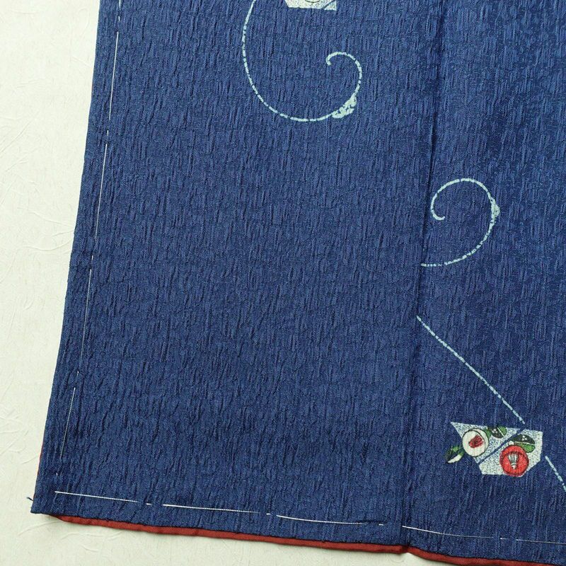 小紋 良品 しつけ糸付き ふくれ織 ポリエステル 花柄 袷仕立て 身丈169.5cm 裄丈69.5cm 着物 青・紺_画像11