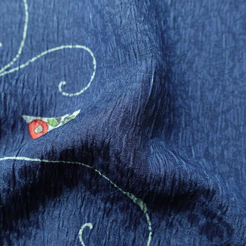 小紋 良品 しつけ糸付き ふくれ織 ポリエステル 花柄 袷仕立て 身丈169.5cm 裄丈69.5cm 着物 青・紺_画像20