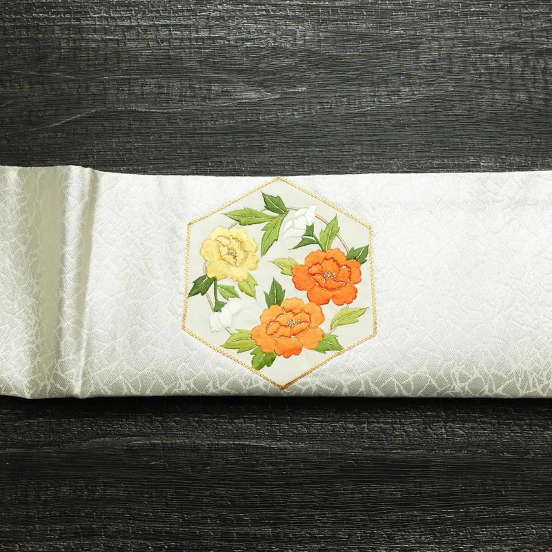 名古屋帯 太鼓柄 金駒刺繍 正絹 花柄 通し仕立て 刺繍 帯 金・銀_画像13