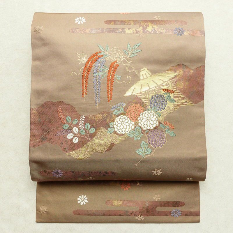 袋帯 本金二重箔 重ね扇花鳥文 六通柄 フォーマル用 正絹 古典柄 金  