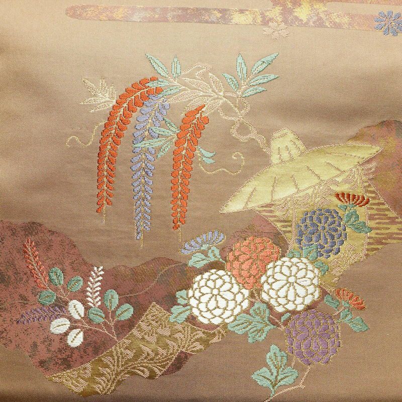 名古屋帯 太鼓柄 正絹 古典柄 名古屋仕立て 箔 帯 茶_画像2