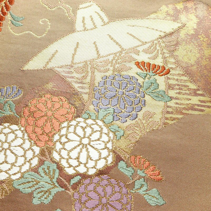 名古屋帯 太鼓柄 正絹 古典柄 名古屋仕立て 箔 帯 茶_画像3