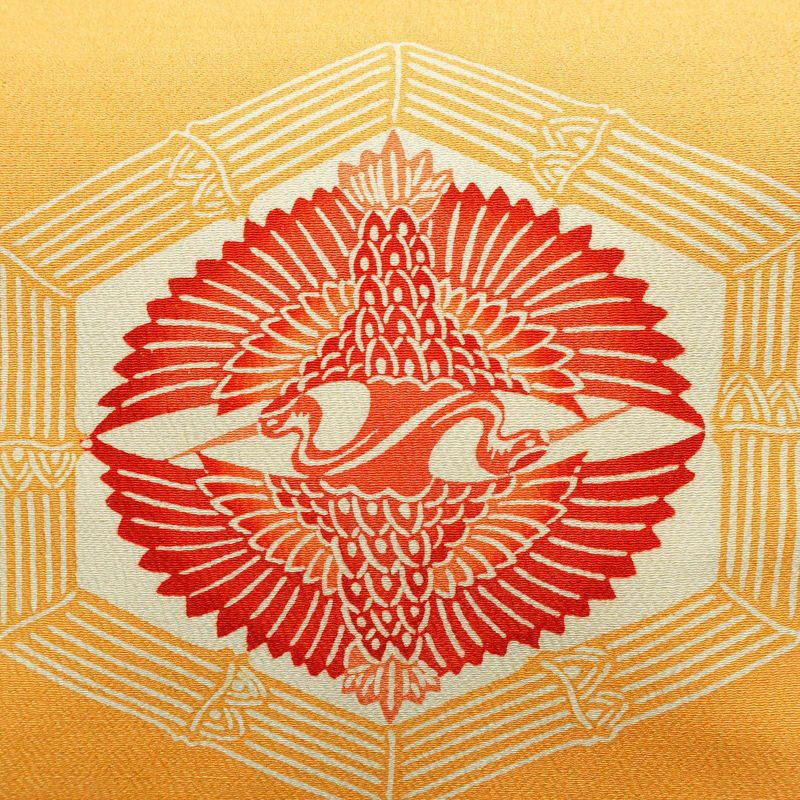 名古屋帯 太鼓柄 縮緬 正絹 幾何学柄・抽象柄 名古屋仕立て 帯 黄・黄土色_画像2