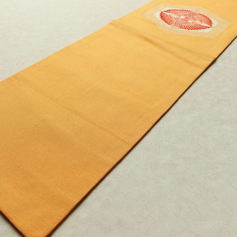 名古屋帯 太鼓柄 縮緬 正絹 幾何学柄・抽象柄 名古屋仕立て 帯 黄・黄土色_画像8