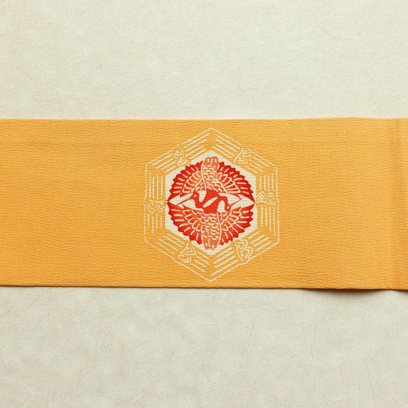 名古屋帯 太鼓柄 縮緬 正絹 幾何学柄・抽象柄 名古屋仕立て 帯 黄・黄土色_画像14