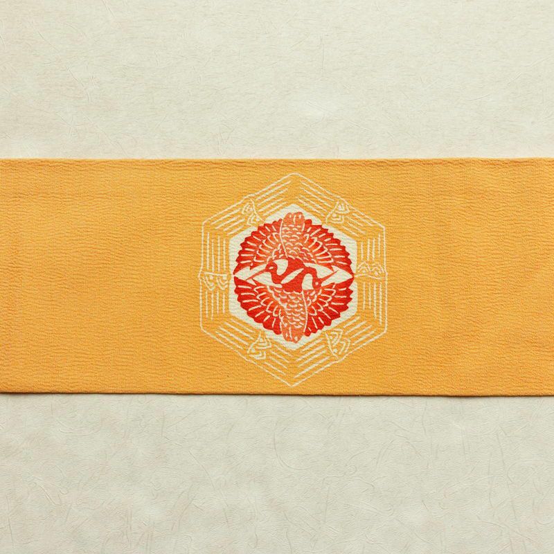 名古屋帯 太鼓柄 縮緬 正絹 幾何学柄・抽象柄 名古屋仕立て 帯 黄・黄土色_画像15