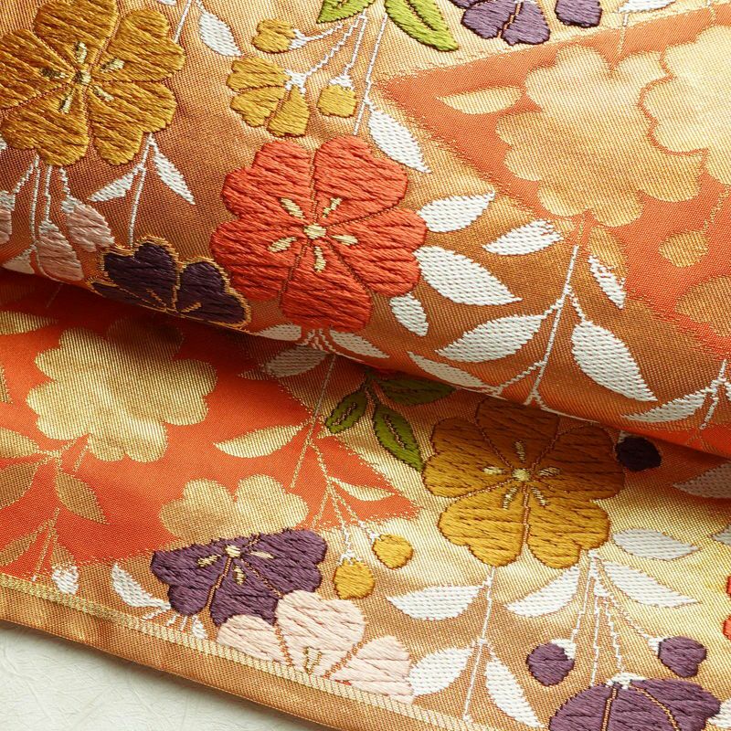袋帯 六通柄 振袖用 正絹 花柄 桜 箔 金糸 帯 橙_画像7