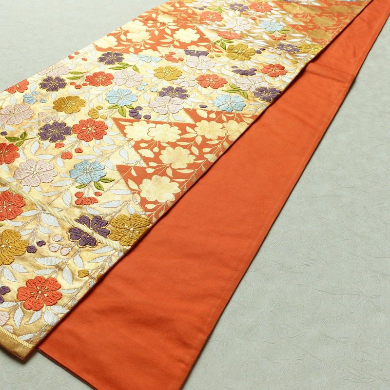 袋帯 六通柄 振袖用 正絹 花柄 桜 箔 金糸 帯 橙_画像8