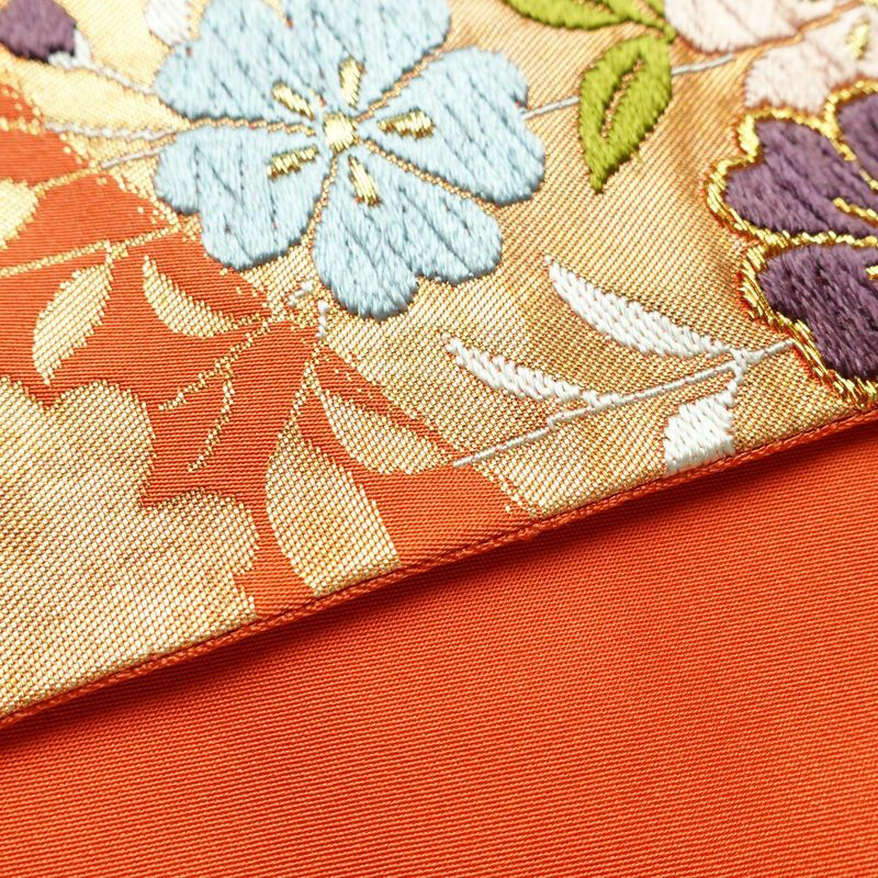 袋帯 六通柄 振袖用 正絹 花柄 桜 箔 金糸 帯 橙_画像12